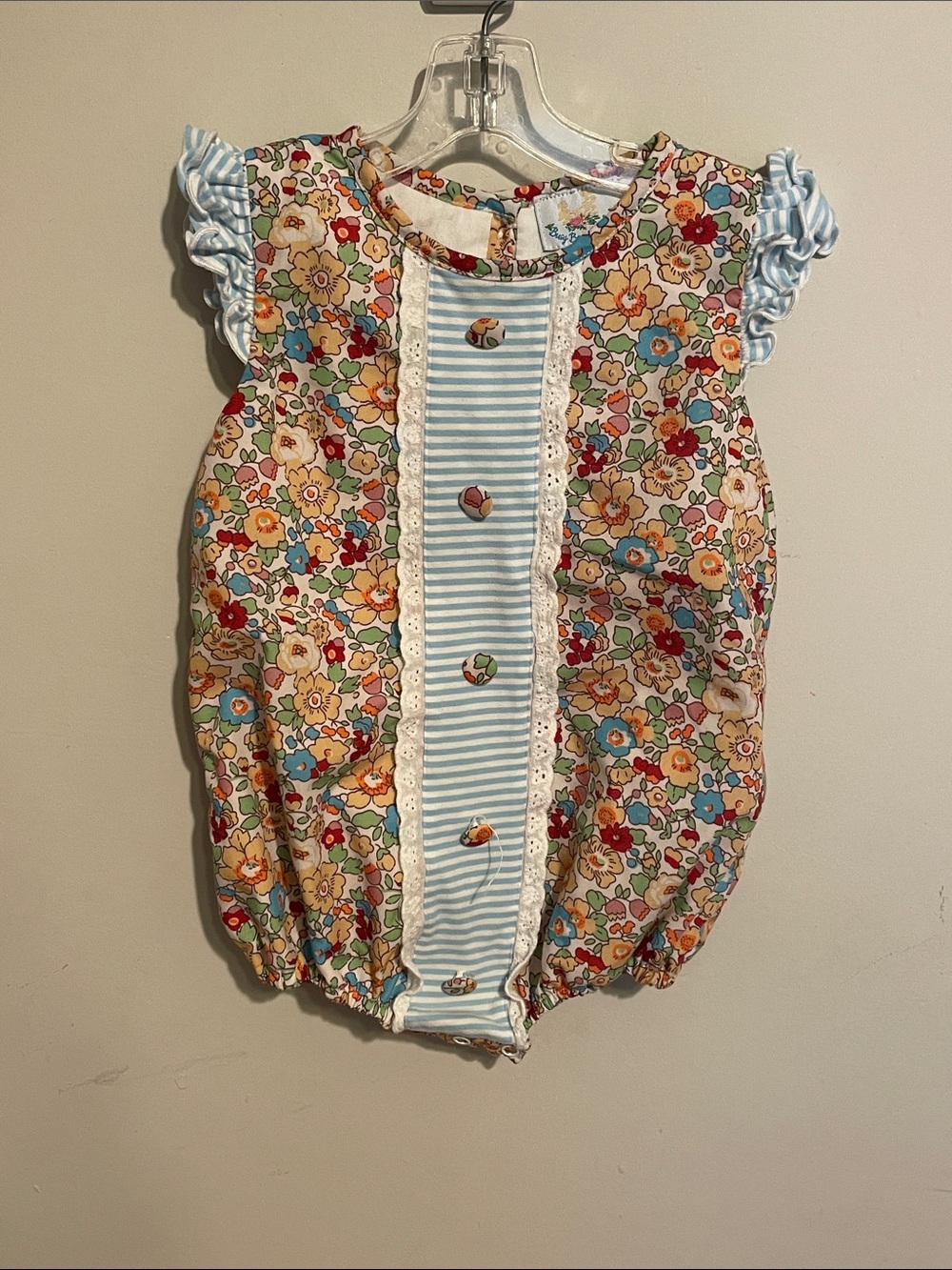 Floral Baby Romper with Blue Stripe Accent 24 month girls Busy Bees Smock